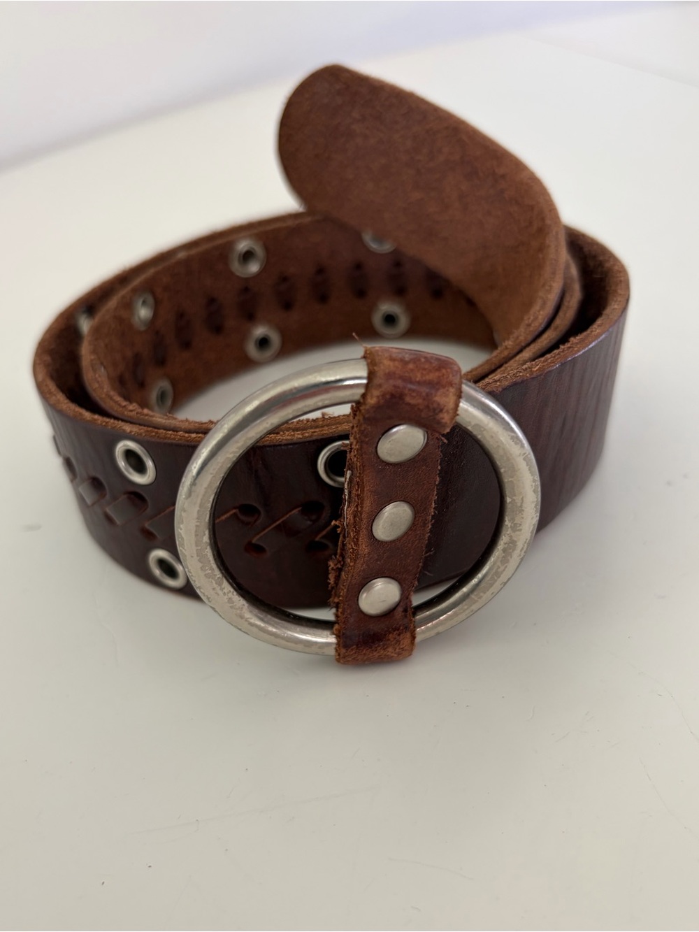 Abercrombie & Fitch Vintage Y2K Brown Leather Grommet Lace-Up O-Ring Belt Size S